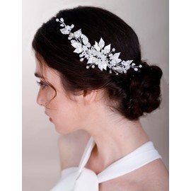 Chargances Handmade Wedding Pearl Beaded Hair Comb Bridal Silver Leaf Hair Side Comb Bride Flower Hair Piece Wedding Hair Accessories for Women and Girls (Silver)