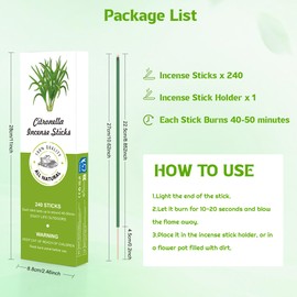 Citronella Incense Sticks,Lemongrass Insensé Sticks, 240 Count, Natural Refreshing Citronella Burner, With Insensé Holder for Home Indoors Outdoor Garden Patio Camping