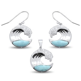 CloseoutWarehouse Natural Larimar Clear Cubic Zirconia Ocean Wave Earrings Pendant Set Sterling Silver