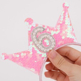 BAHABY Birthday Crown Headband Pink Glitter Headbands for Girls Gifts for 6 Year Old Girl 6th Birthday Decorations for Girls