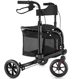 WALK MATE 3 Wheel Rollator Walker with Seat for Slim Seniors, Padded Backrest Lightweight Foldable Walker Ideal for Elderly, 8 Inch Tri-Wheel Modern Mobility Walking Aid Aluminum, Black
