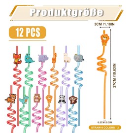 Pack of 12 Children's Straws, Animal Straws, Children's Birthday, Children's Straws, Dinosaur, Elephant, Lion, Giraffe Straws for Birthday Party, Party Accessories