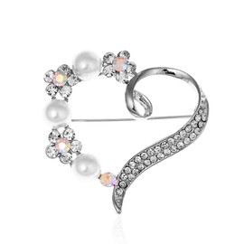 GUOXIAOMEI Heart Brooch For Women Cluster Pave Clear Crystal Valentine's Day Love Heart Pearl Brooch Pin Wedding Party Clothes Accessories (Silver)