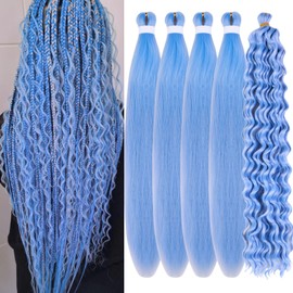 Baby Blue Braiding Hair Pre Stretched for Boho Braids Synthetic Prestretched EZ Braiding Hair for Knotless Box Braids Bohemian Braids Goddess Braids (Total 5 Packs)