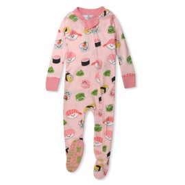 HonestBaby Non-Slip Footed Pajamas One-Piece Sleeper Zip-Front Pjs 100% Organic Cotton for Baby Girls, Sushi, 12 Months