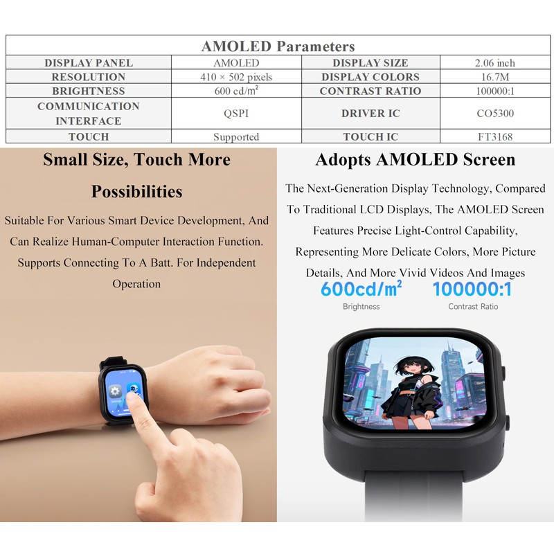 ESP32-C6 2.06inch AMOLED Touch Watch Development Board, 410×502 Pixels, RISC-V