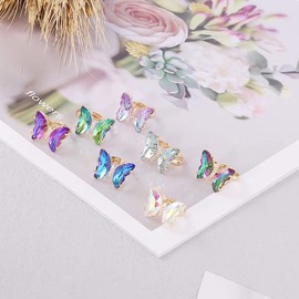 8 Pcs Gold Plated 3D Butterfly Rings Acrylic Adjustable Open Colorful Crystal Bowknot Shaped Band Rings for Women Finger Jewelry (mix gold)