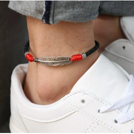 DAINTY Women/ Men Feather / Leaf Red Rope Genuine Leather Anklet Bracelet One Size