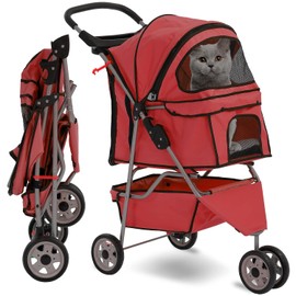 HCY Folding Dog Stroller, 3 Wheels Cat Strollers Pet Gear for Small Medium Cats Dogs Puppy with Storage Basket, Cup Holder,Lightweight-Red, 35.04 inch x17.32 inch x38.58 inch