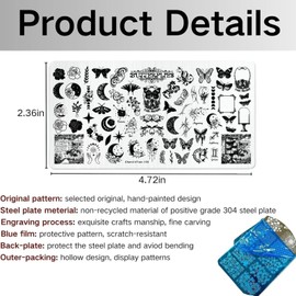RUNRAYAY Butterfly & Moon Nail Stamping Plates Set Plaid Nail Art Image Plates Stamp Templates Kit Image Manicuring DIY Printing Tools