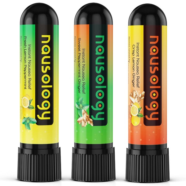 Nausology Nausea Relief Nasal Stick Inhaler with Aromatherapy, Fast Relief with Natural Essential Oil Blends in Ginger, Peppermint, and Lemon for Headache, Motion Sickness, Chemo Side Effects (Pack 3)