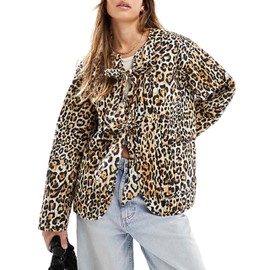 Jawmeu Women's Cropped Quilted Jacket Tie Front Lightweight Padded Puffer Cardigan Coat Outwear(Leopard-M)
