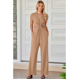 Happy Sailed Jumpsuits for Women Casual Short Sleeve V Neck Twist Long Pants Romper Dressy One Piece Jumpsuits Outfits with Pockets Khaki Medium