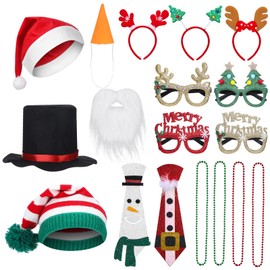 VioraWhite 19 Pcs Christmas Party Photo Booth Props, Christmas Hat Glasses Frames Christmas Headbands Necklaces Necktie White Beard Striped Knit Hat Black Hat Carrot Nose Set for Xmas Party Decoration