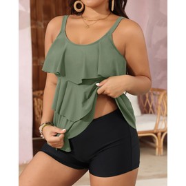 Yonique Women's Plus Size Tankini Swimsuits with Shorts Two Piece Bathing Suits Ruffle Swimsuits Tummy Control Swimwear, Army Green, 22 Plus