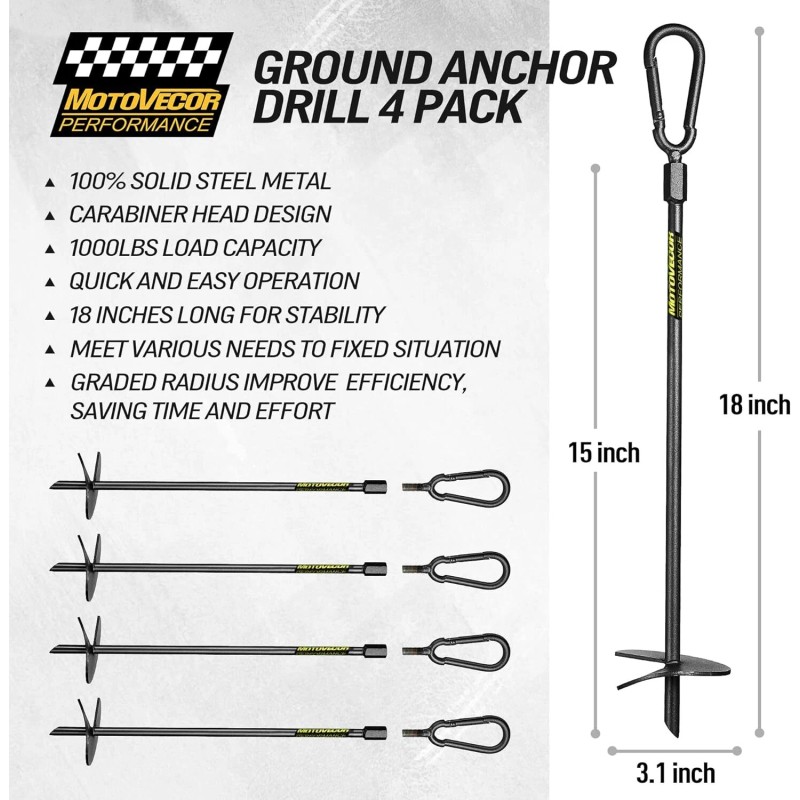 Motovecor 18" Long Ground Anchor Kit Black 18" Ground Anchor