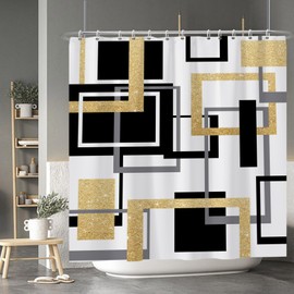 Baocicoo Modern Geometric Shower Curtain Black White Gold Geometry Squares Bath Curtain Abstract Mid Century Farmhouse Hotel Home Bathtub Decor Waterproof Curtain for Bathroom with Hooks 72x72 Inches