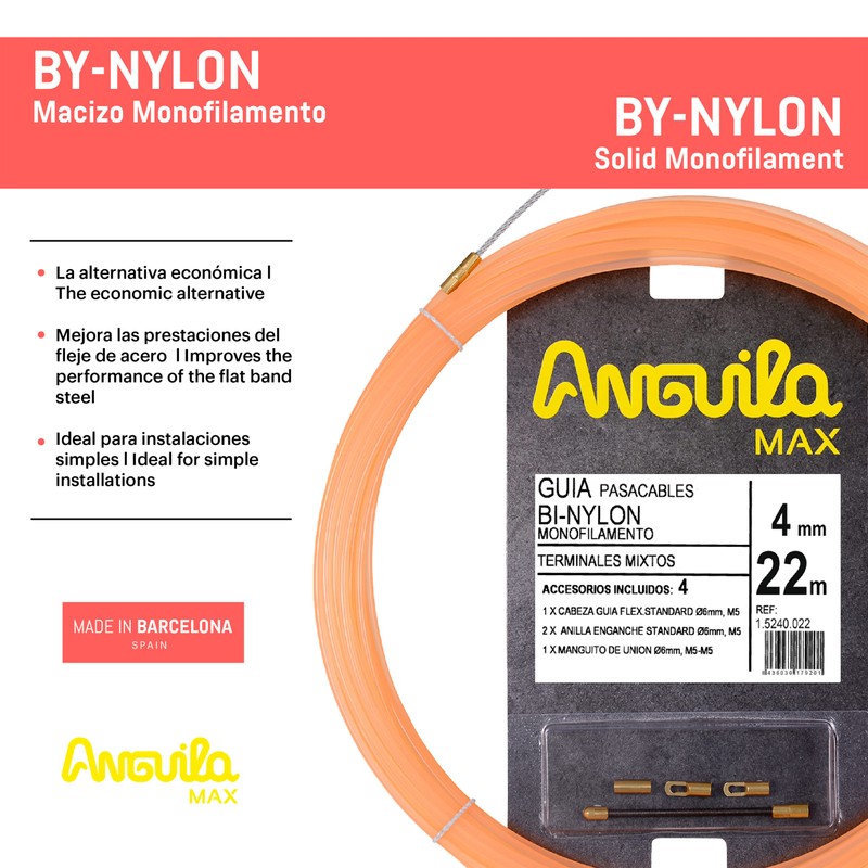 Anguila Max - BI-Nylon-Einzelfaser-Kabeleinziehhilfe, 22 m, 4mm, Kombi-Endstücke, lachsfarben