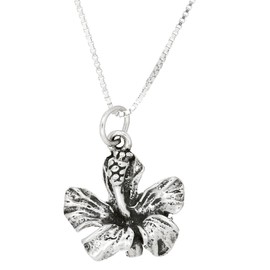 LGU Sterling Silver Oxidized One Sided Hibiscus Flower Charm Pendant and Polished Box Chain Necklace (24 Inches)
