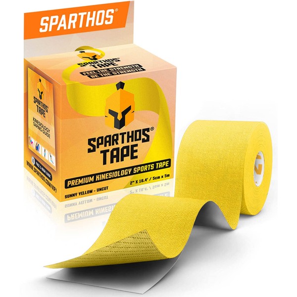 Sparthos Kinesiology Tape - Incredible Support for Athletic Sports and Recovery - Free Kinesio Taping Guide! - Shoulder Ankle Rock Back Blister Knee Muscle Pain Wrap - Uncut (Sunny Yellow)