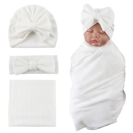 OMUKY Newborn Receiving Blanket Bow Headband and Beanie Set Baby Swaddle Receiving Blankets Baby Boy Girls Nursery Swaddle Wrap(White)