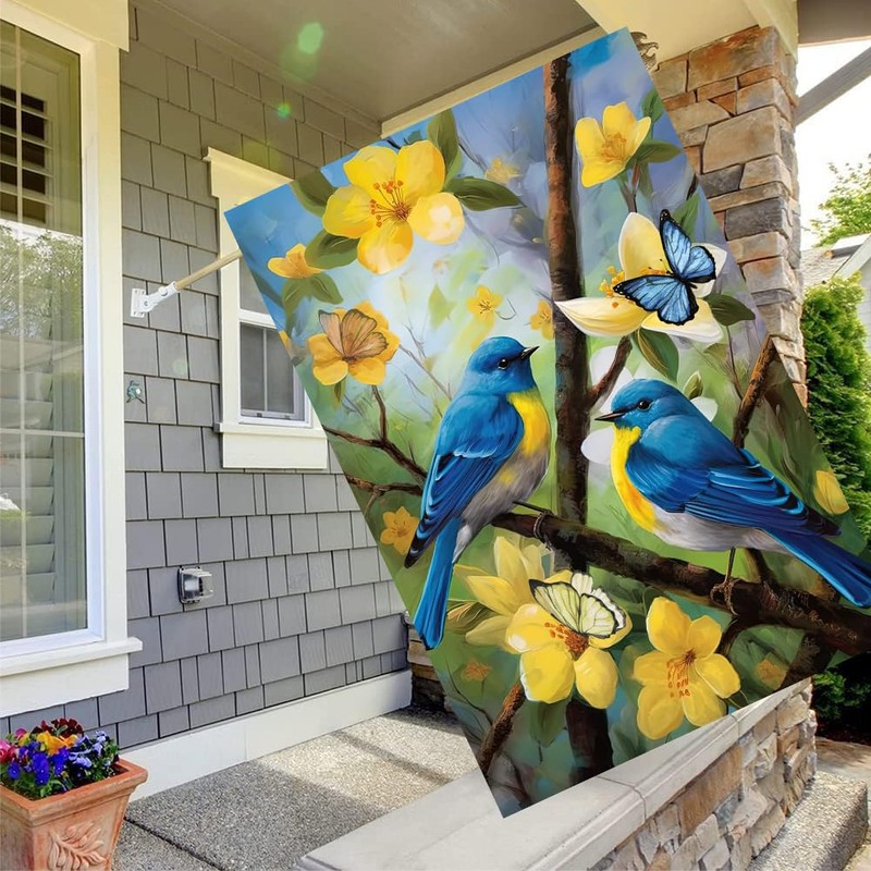 Large Spring Summer House Flags 28x40 Double Sided Bluebird Garden