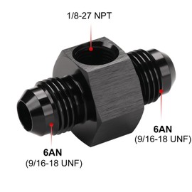 Podavelle 6AN Male to 6AN Male Flare Fuel Pressure Gauge Take Off Fitting Adapter Union with 1/8 NPT Side Port Aluminum Black, Pack of 2