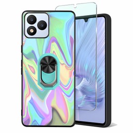 Tuxiwei Soft TPU Case for Vortex J24, Vortex Cellular J24 Tempered Glass Screen Protectors 9H, Built-in Ring Finger Holder Kickstand [Support Car Magnetic] Hands Free | Multi-colored Art Wavy Painting
