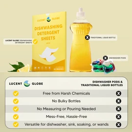 Lucent Globe Dishwasher Dishwashing Detergent Sheets, Dish Soap & Dishwashing Tablets Alternative. Plant-Based, Eco-Friendly, Lemon Scent & Plastic Free Packaging (64 Sheets)