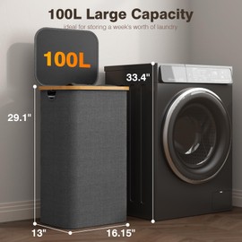 100L Laundry Hamper with Lid, Large Laundry Basket with Bamboo Handles, Clothes Hampers for Laundry with Removable Bag, Dirty Clothes Hampers for Bedroom Aesthetic, Grey