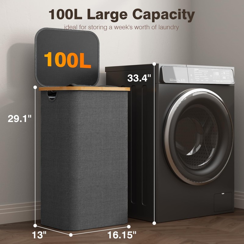100L Laundry Hamper with Lid, Large Laundry Basket with Bamboo