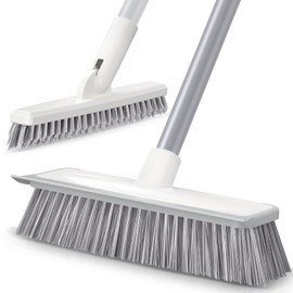 Sunally Floor Scrub Brush with 57" Long Handle, 2 in 1 Scrape Brush Stiff Bristle, Scrub Brush for Deep Cleaning Patio Bathroom Garage Kitchen Wall Deck Tub Tile, Grey White Floor Scraper