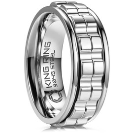 King Ring 8mm Wide Gear Spinner Ring – Fidget Ring for Men & Women Stainless Steel K42 – Silver 13