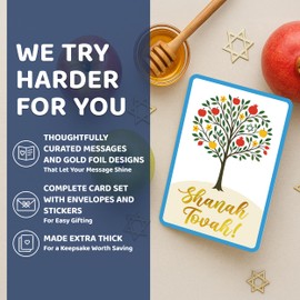 Decorably 24 Pack Gold Foiled 4x6in Cards for Rosh Hashanah with Envelopes and Stickers, 8 Elegant Designs Jewish New Years Cards with Rounded Corners, with Printed Message Inside