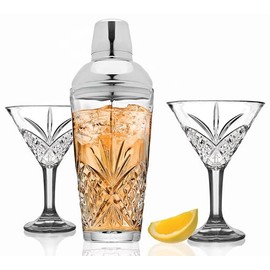 Godinger Cocktail Shaker and Cocktail Glasses Bar Set, Martini Shaker and 2 Martini Glasses Set - Dublin Collection