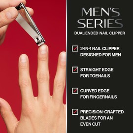Revlon Dual-Ended Nail Clipper for Men, Straight and Curved Edges, for Fingernail and Toenail Trimming, Stainless Steel, 1 Count