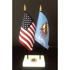 1 American and 1 Oklahoma Executive Flag Set American Made Rayon 4x6 inch Desk Set Includes a 2-Hole White ArcticSno Base with a USA Great Seal and Two Flags