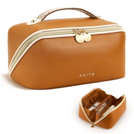 Prite Prite Travel Cosmetic Bag Makeup Organizer Bag For Women Large Capacity Waterproof PU Leather Toiletry Bag with Handle and Clear Divider(New Brown Large)