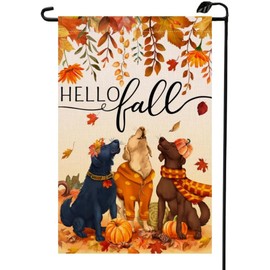 Hello Fall Dogs Leaves Garden Flag 12x18 Inch Double Sided for Outside Autumn Seasonal Holiday Yard Outdoor Decoration Flag QJ10