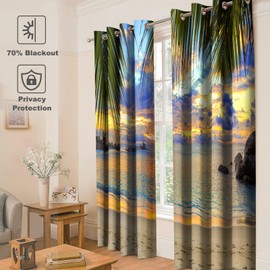 Jekeno Beach Sunset Blackout Curtains - Room Darkening Grommet Window Drapes Sunset Hawaiian Ocean Beachy Tropical Palm Tree Print Decor House Home Bedroom Living Room 2 Panel Set,42x54 in