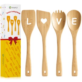 Wooden Cooking Utensil Set, Cute Spatula Set, Funny Bamboo Kitchenware, Unique Mother's Day Gifts for Cooks Hostesses Mom Grandma Wife Weddings House Warming Kitchen Accessories (A002)