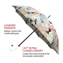 Large Windproof White Roses Floral Umbrella - Stick Fashion Umbrella with J Handle for Rain Sun or Wedding