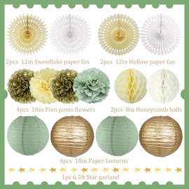 YUNXUAN Sage Green Party Decorations, Sage Green Paper Lanterns Tissue Pom Poms Paper Fans Honeycomb Decorations for Baby Shower Bridal Shower Wedding Birthday Party