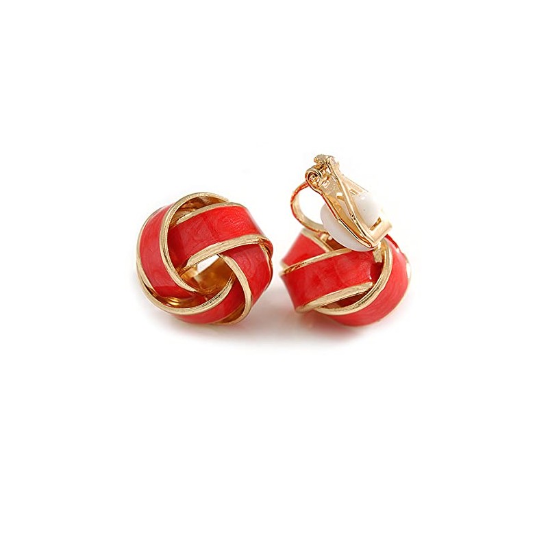 Brick Red Enamel Knot Clip On Earrings In Gold Tone