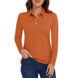 MAGCOMSEN Golf Polo Shirts for Women Long Sleeve Rash Guard Tees Quick Dry Running Sports Stretch T-Shirts with Buttons Dark Orange,S