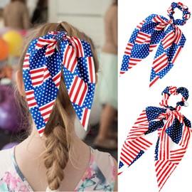 2PCS American Flag Hair Scrunchies for Woman Girls Patriotic 4th of July Hair Tie Red White and Blue Ribbon Elastic Head Band Independence Day Memorial Day Party Supplies Hair Accessories