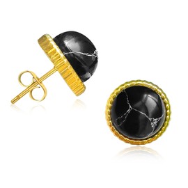 Black Turquoise Stone Stud Post Earrings,8MM Natural Stone Earrings Studs for Sensitive Ears,Retro Dainty 18K Gold Plated Earrings,Round Natural Gemstone Stud for Birthday Anniversary Gifts (black)