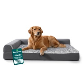 Furhaven Orthopedic Dog Bed for Large Dogs w/ Removable Bolsters & Washable Cover, For Dogs Up to 95 lbs - Two-Tone Plush Faux Fur & Suede L Shaped Chaise - Stone Gray, Jumbo/XL