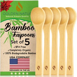 Golden Nature Bamboo Spoon Set (5 Pc), Small Kitchen Teaspoons, Tiny Wooden Spoons Perfect for Sugar, Spices, Seasoning, Coffee, Jam, Herbs, Honey & Dessert