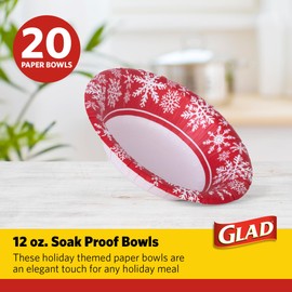 Glad Everyday Disposable Paper Bowls with Holiday Red Snowflake Design | Heavy Duty Paper Bowls, Microwavable Paper Bowls for Everyday Use | Red Snowflake Holiday Design | 12 Ounces, 20 Count